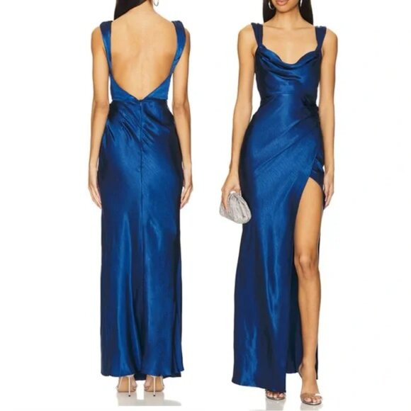 NWT Runaway the Label Maxi Midi Dress Navy Havanna Cowl Neck Wedding Guest sz S - Picture 1 of 10